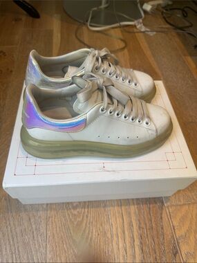 Chunky White Lace-Up Sneakers with Iridescent Heel